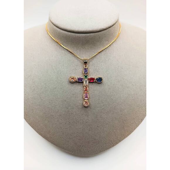 18K Gold Plated CZ Cross Pendant Necklace on 17+2" Box Chain NEW - Picture 1 of 3